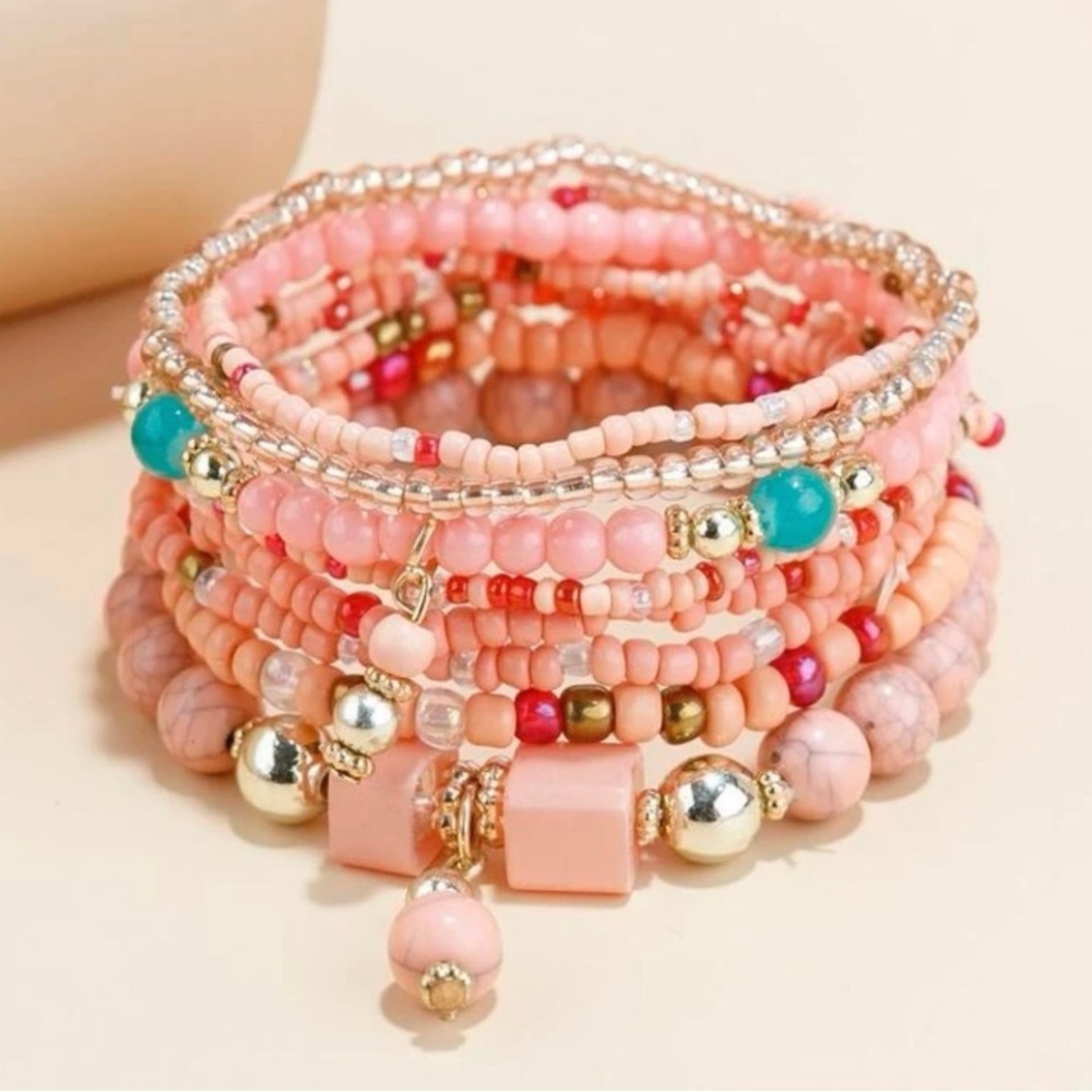 8 piece Beaded Bohemian Bracelet in Coral, Turquoise, Pink, and Gold